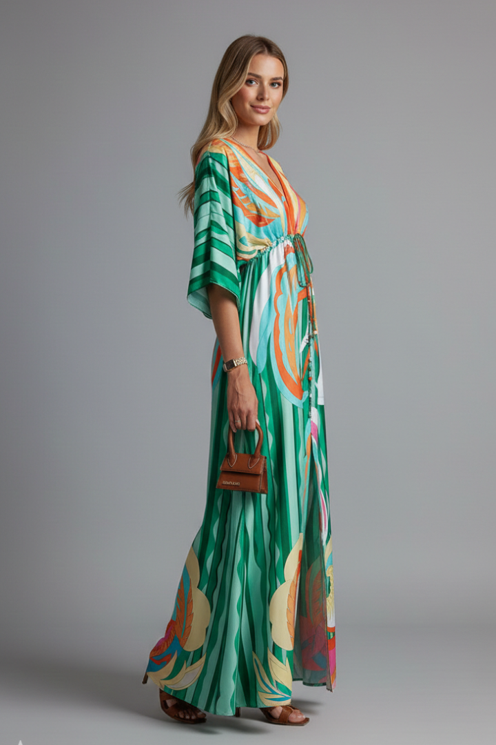 Long dress for women - maxi dress with V-neck and batwing sleeves