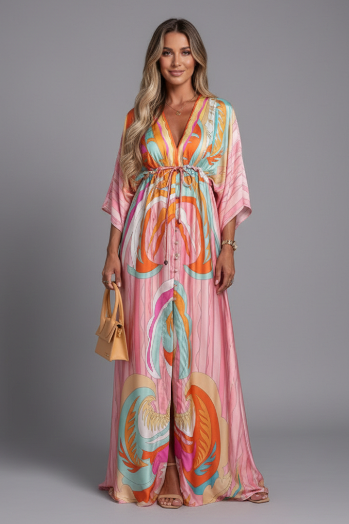 Long dress for women - maxi dress with V-neck and batwing sleeves
