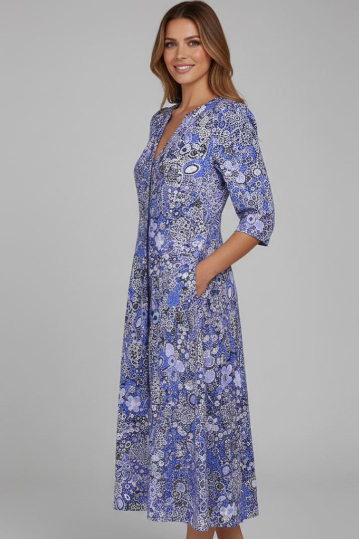 Vestido midi para mujer - vestido estampado con mangas tres cuartos | casual