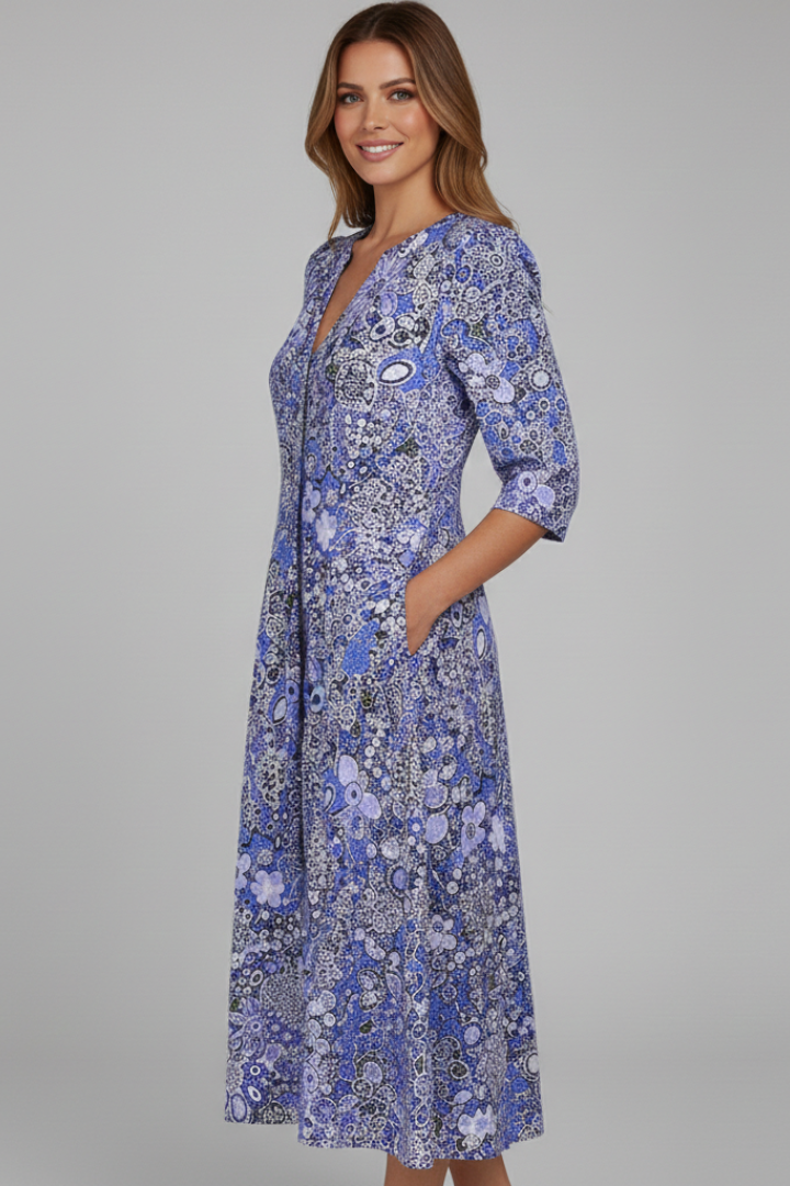 Vestido midi para mujer - vestido estampado con mangas tres cuartos | casual