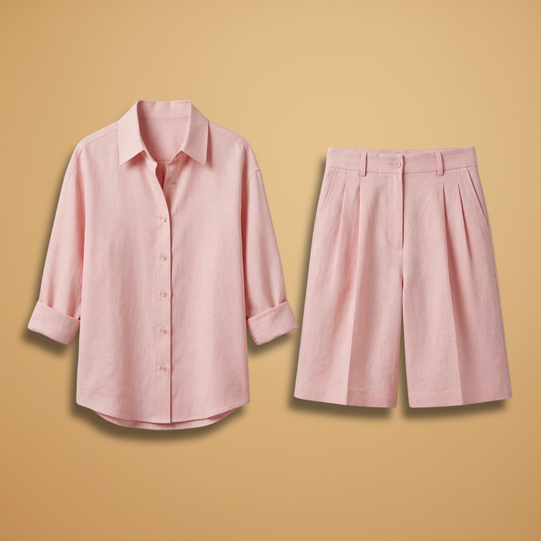 Conjunto de camisa y pantalón corto para mujer - dos piezas con pliegues | diario