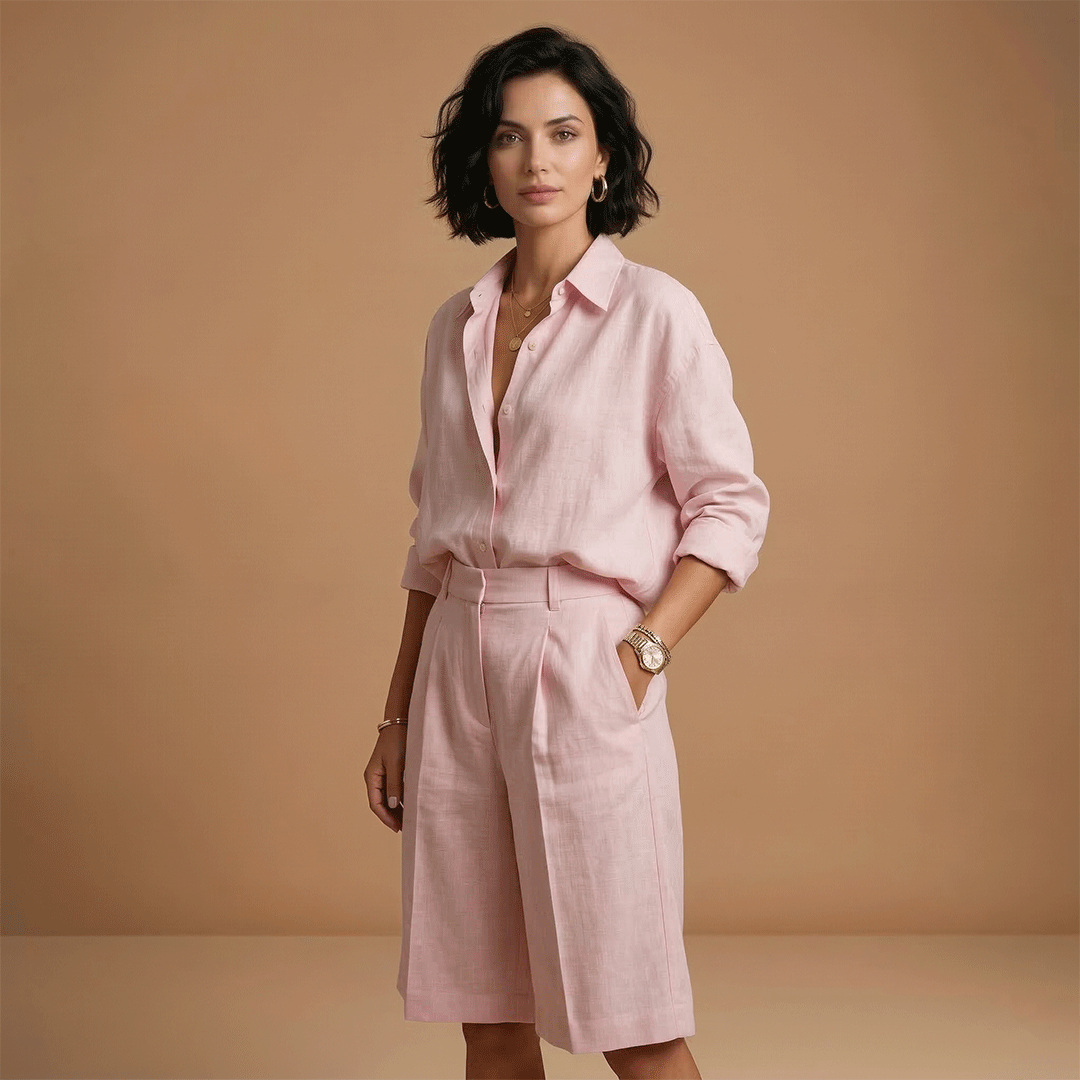Conjunto de camisa y pantalón corto para mujer - dos piezas con pliegues | diario
