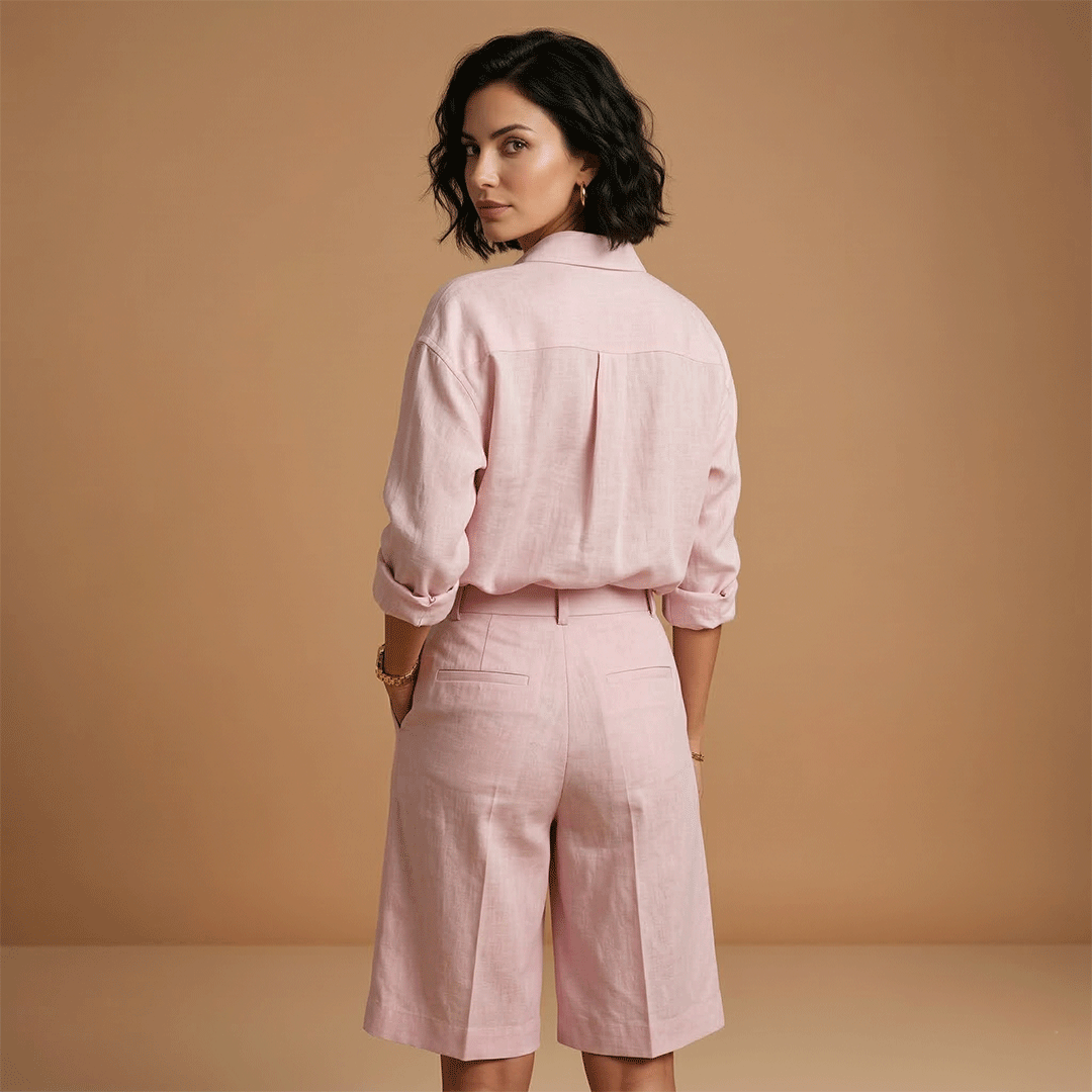 Conjunto de camisa y pantalón corto para mujer - dos piezas con pliegues | diario