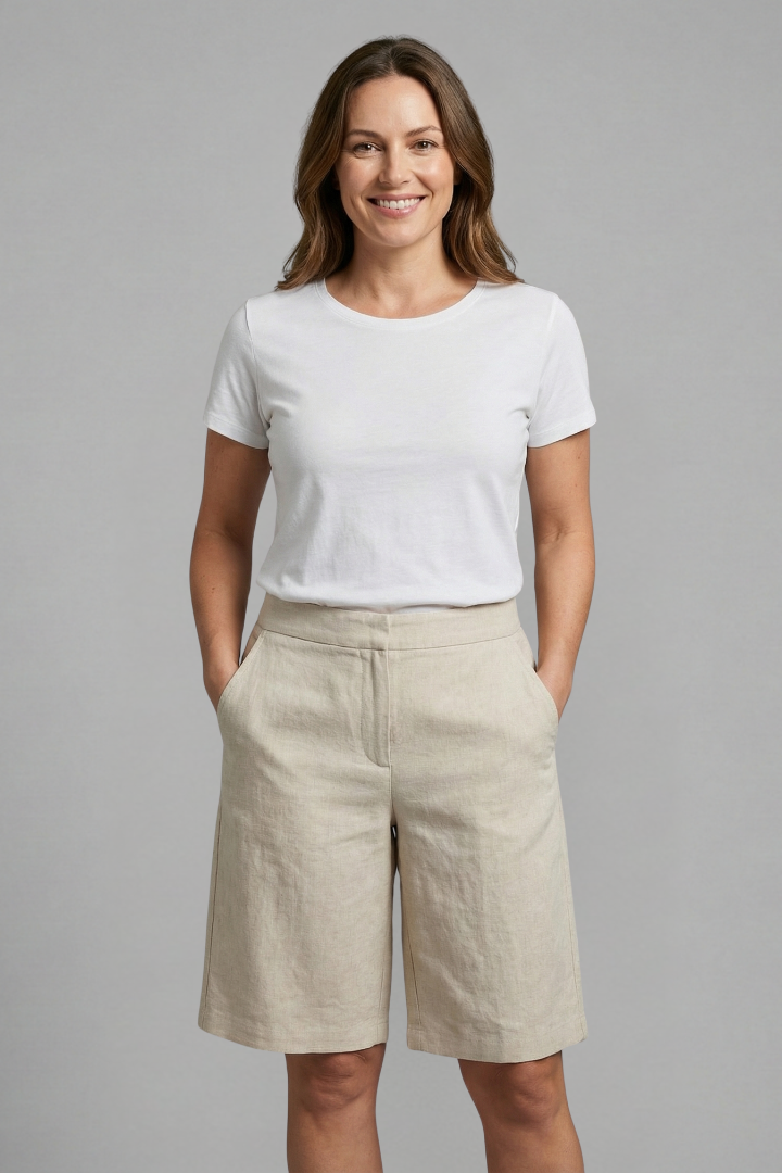 Pantalones cortos para mujer - bermudas rectas de lino con cintura elástica | casual