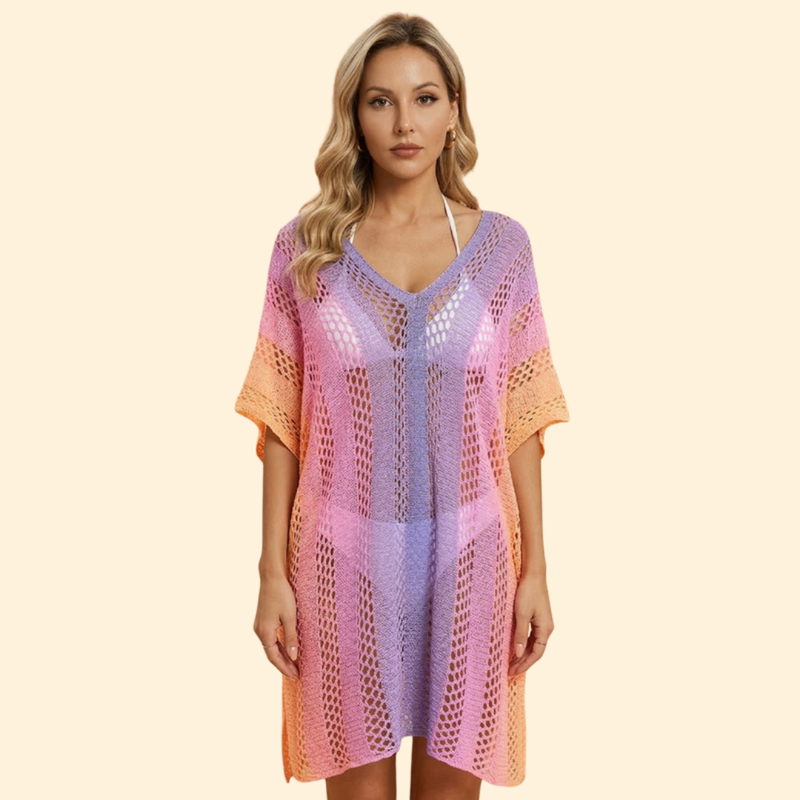 Vestido de Playa con Escote en V y Estampado de Rayas para Mujer