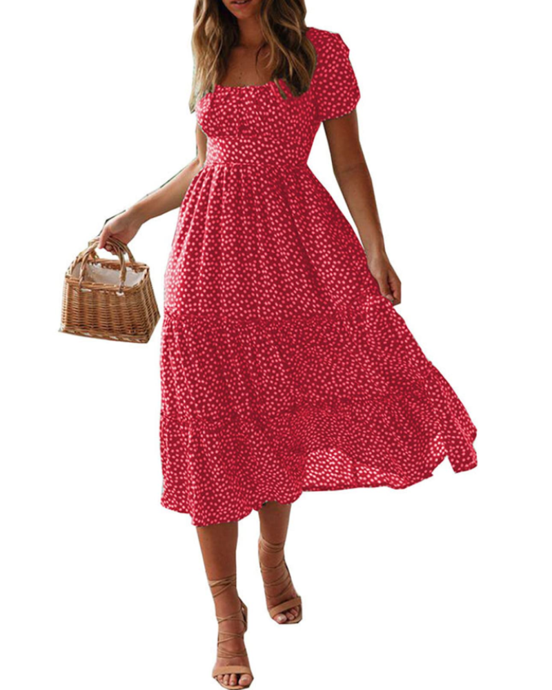 Vestido midi mujer | estampado floral — cuello cuadrado — playa y vacaciones