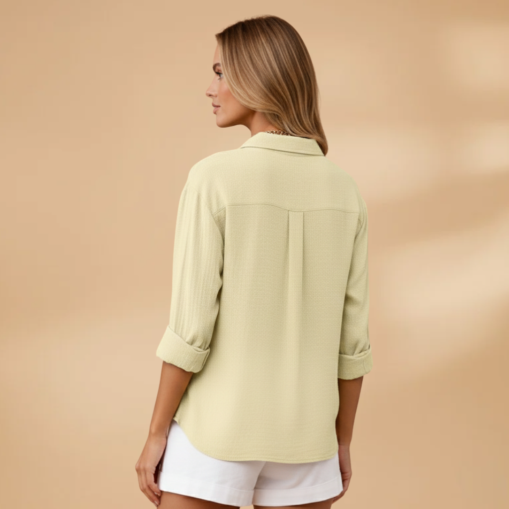 Blusa de manga corta para mujer - camisa entallada con tapeta de botones | diario