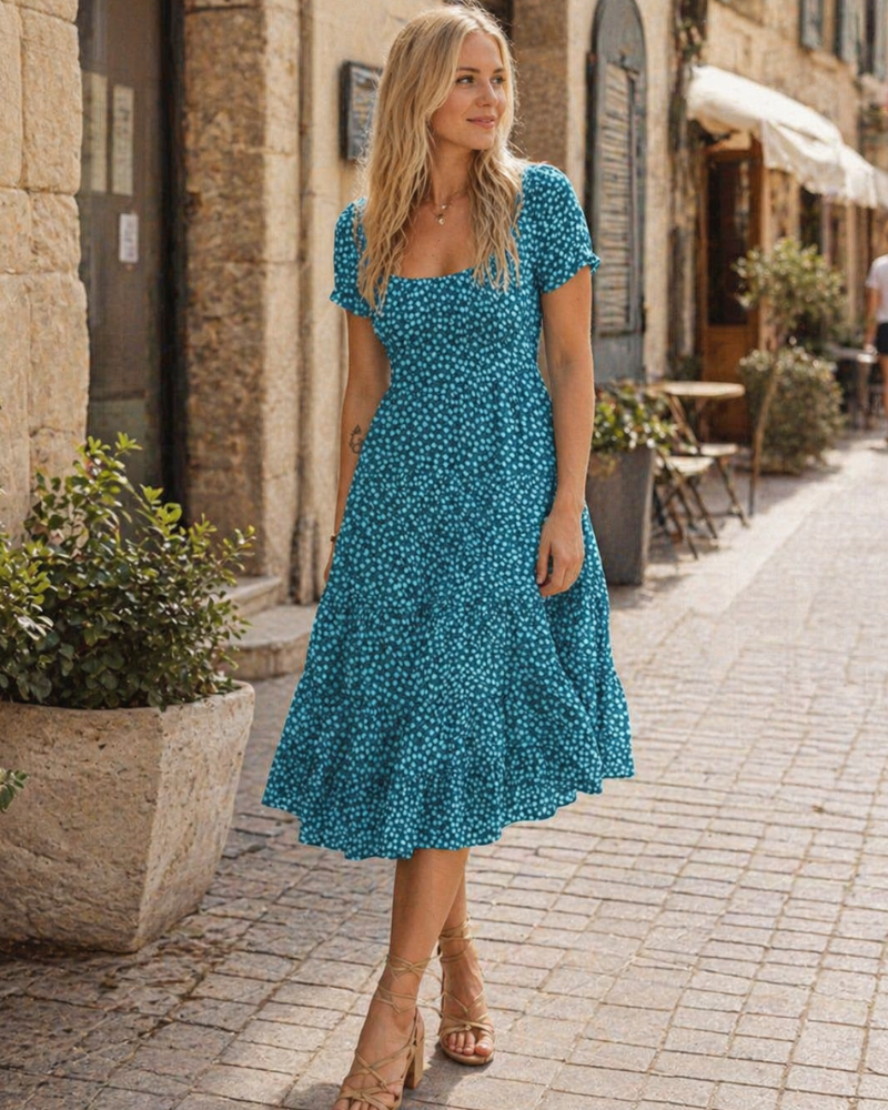 Vestido midi mujer | estampado floral — cuello cuadrado — playa y vacaciones