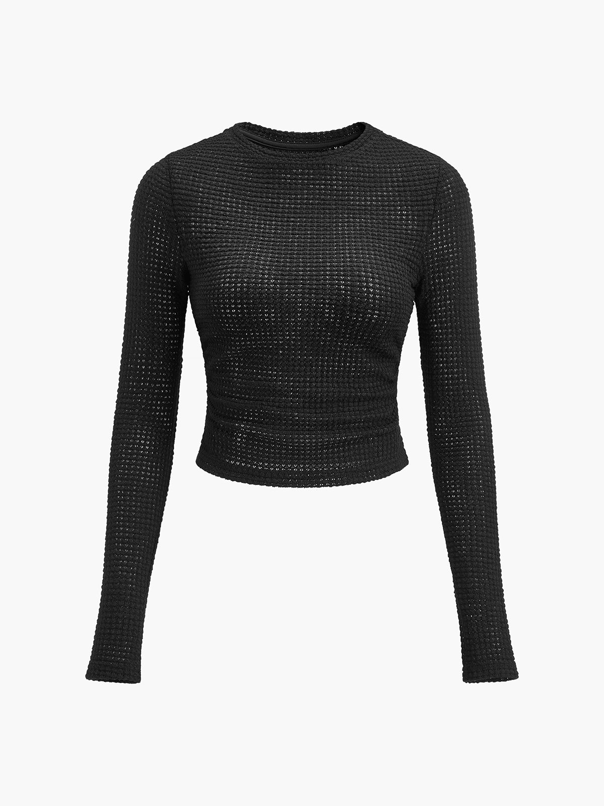 Camiseta de Manga Larga para Mujer con Textura Waffle y Cuello Redondo