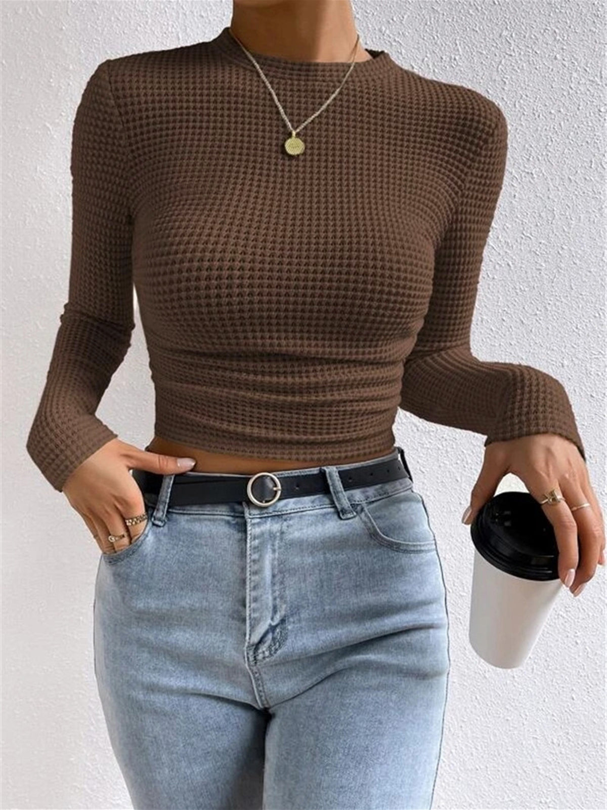 Camiseta de Manga Larga para Mujer con Textura Waffle y Cuello Redondo