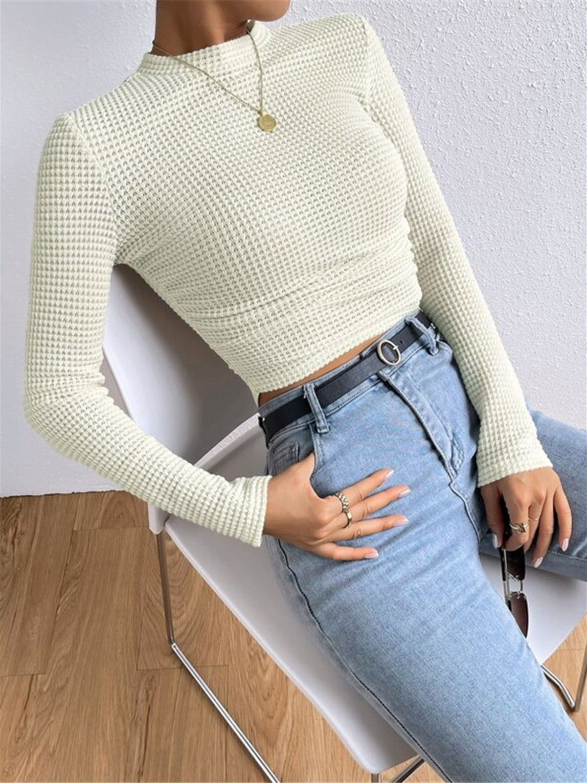 Camiseta de Manga Larga para Mujer con Textura Waffle y Cuello Redondo