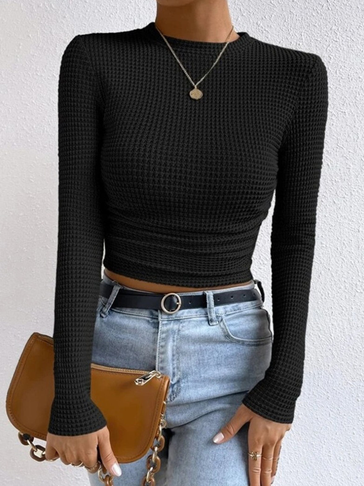 Camiseta de Manga Larga para Mujer con Textura Waffle y Cuello Redondo