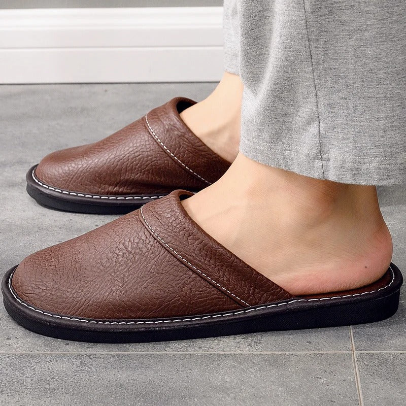 Men's Leather Slippers House Clogs with Flexible and Cushioned Sole
