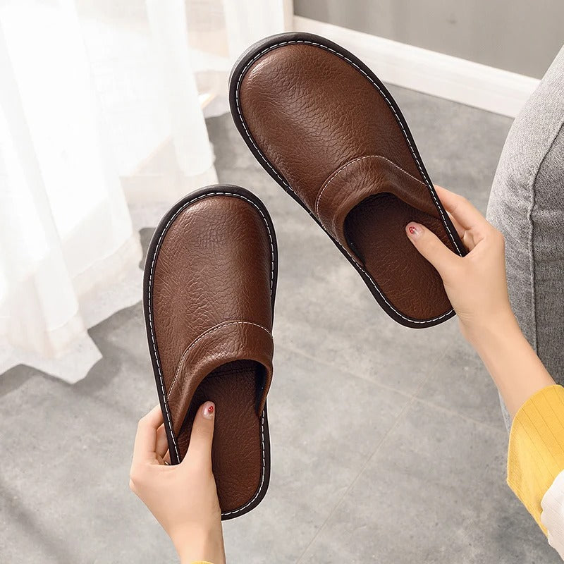 Men's Leather Slippers House Clogs with Flexible and Cushioned Sole