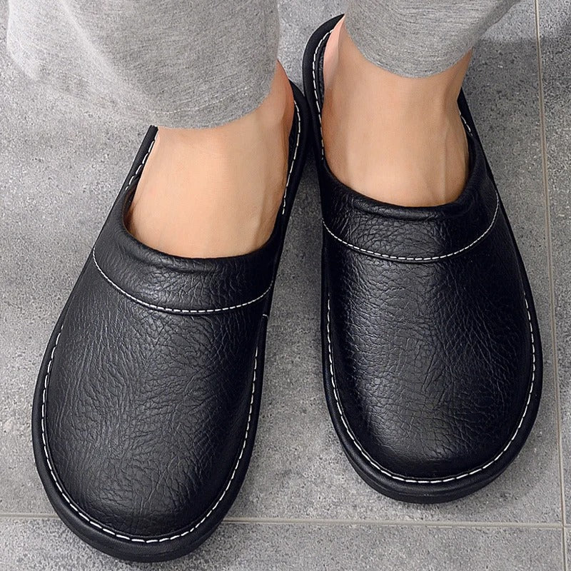 Men's Leather Slippers House Clogs with Flexible and Cushioned Sole