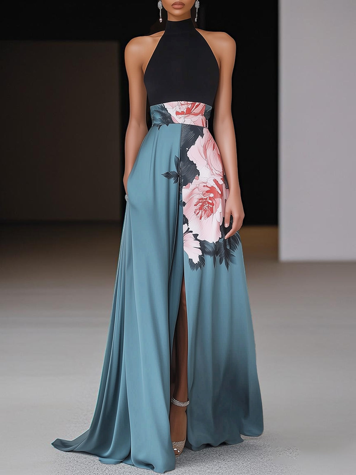 Vestido Largo de Fiesta sin Mangas con Estampado Floral y Abertura Lateral para Mujer