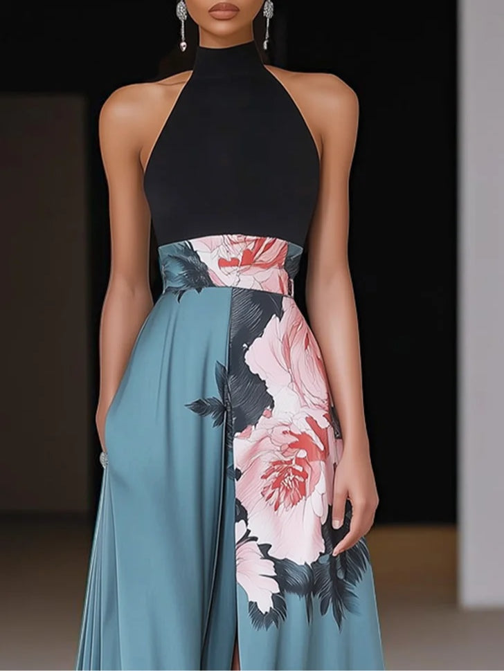 Vestido Largo de Fiesta sin Mangas con Estampado Floral y Abertura Lateral para Mujer