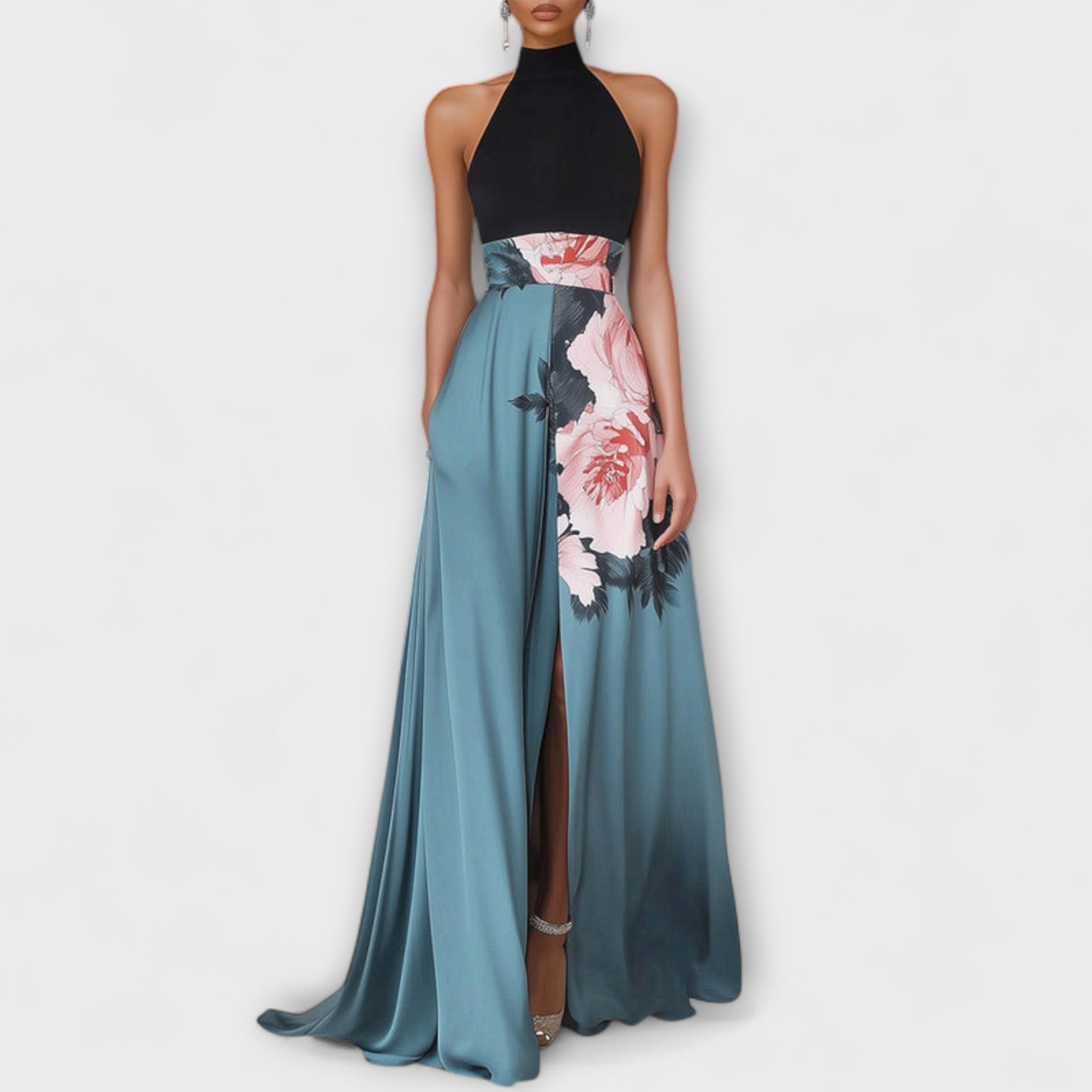 Vestido Largo de Gala con Cuello Alto y Falda de Corte A con Estampado de Flores