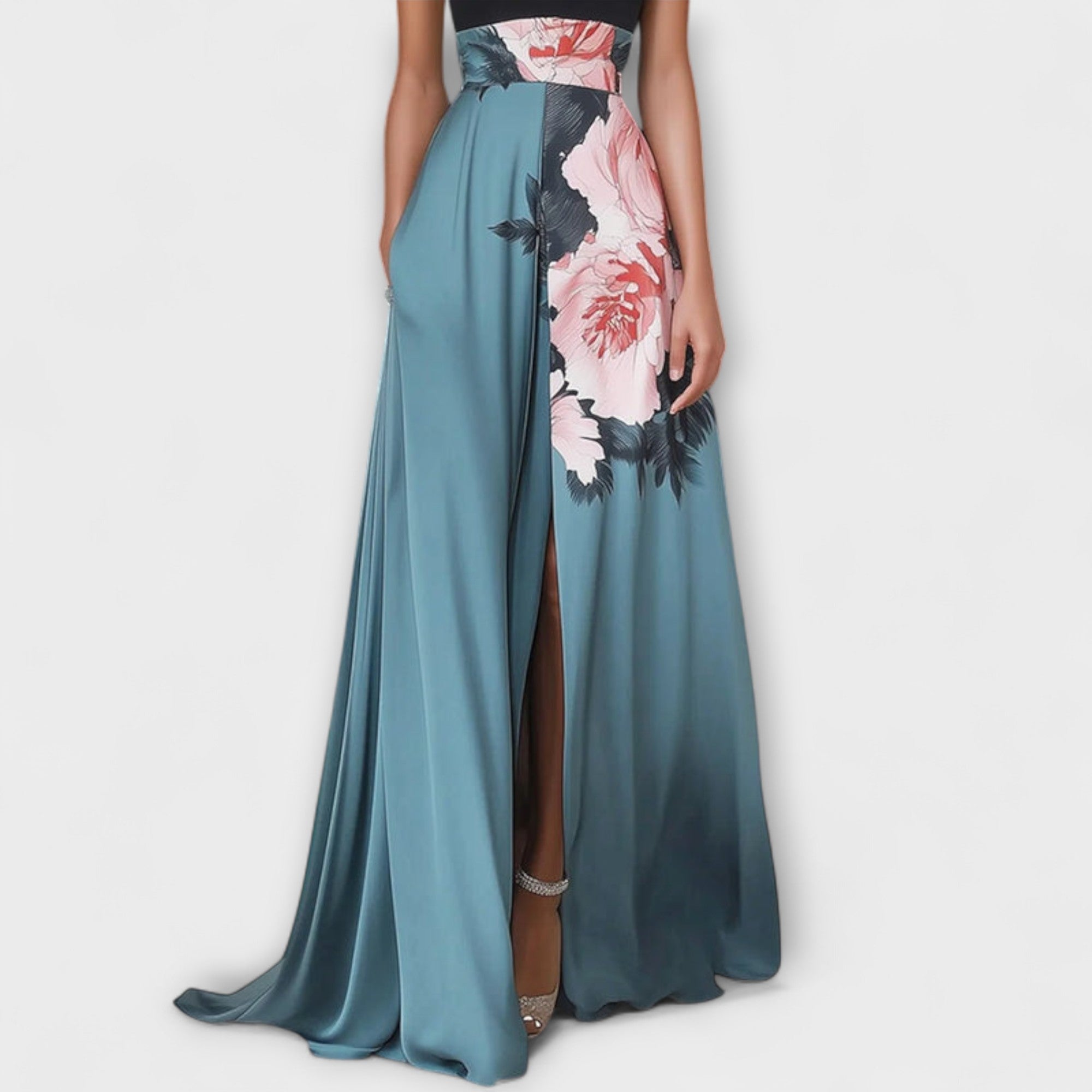 Vestido Largo de Gala con Cuello Alto y Falda de Corte A con Estampado de Flores