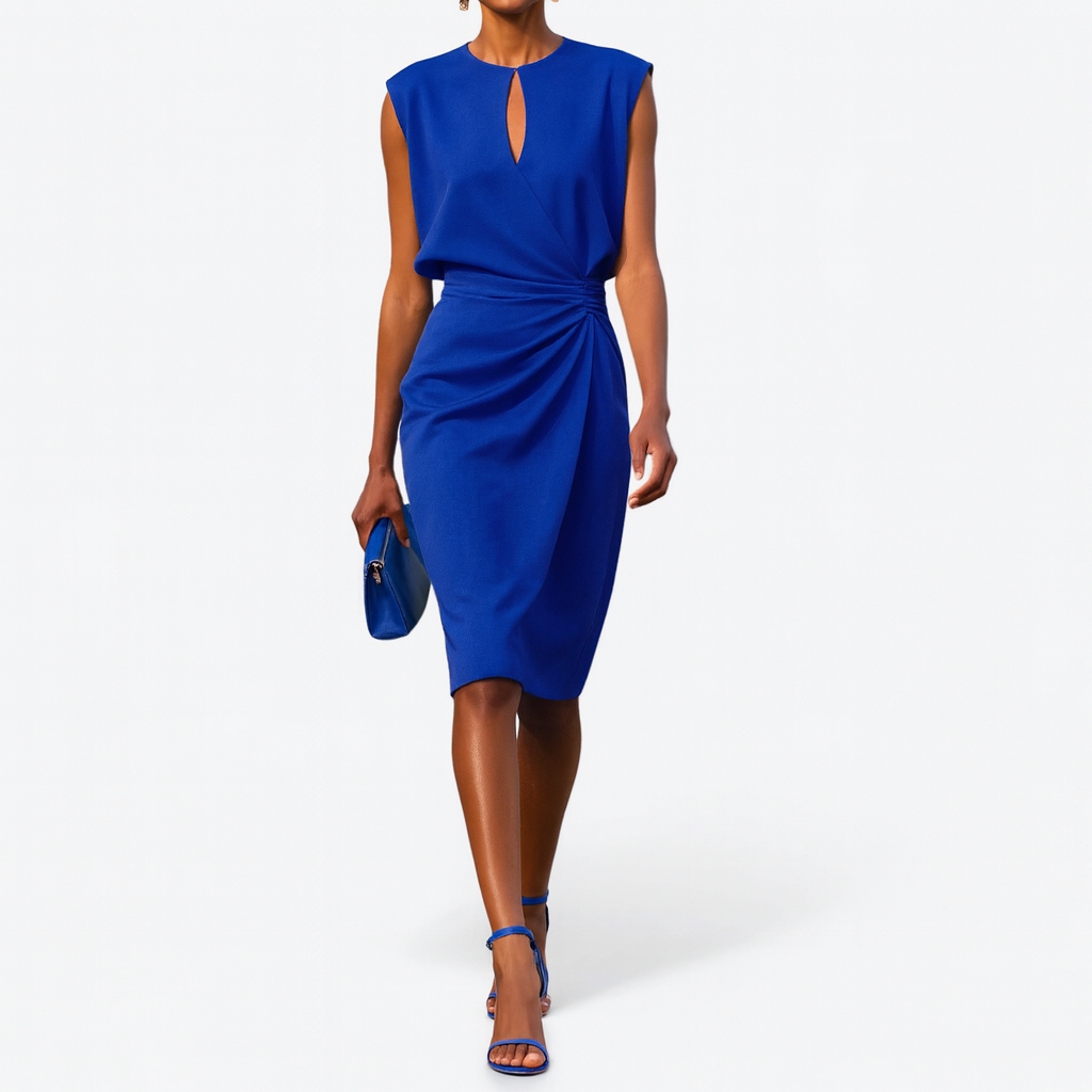 Vestido Midi Cruzado con Pliegues Laterales y Cuello Redondo para Mujer