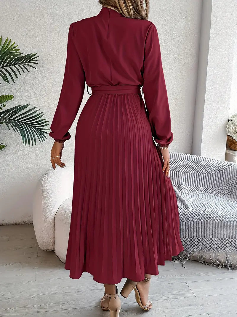 Vestido Largo Plisado de Manga Larga con Cuello Alto y Cinturón para Mujer