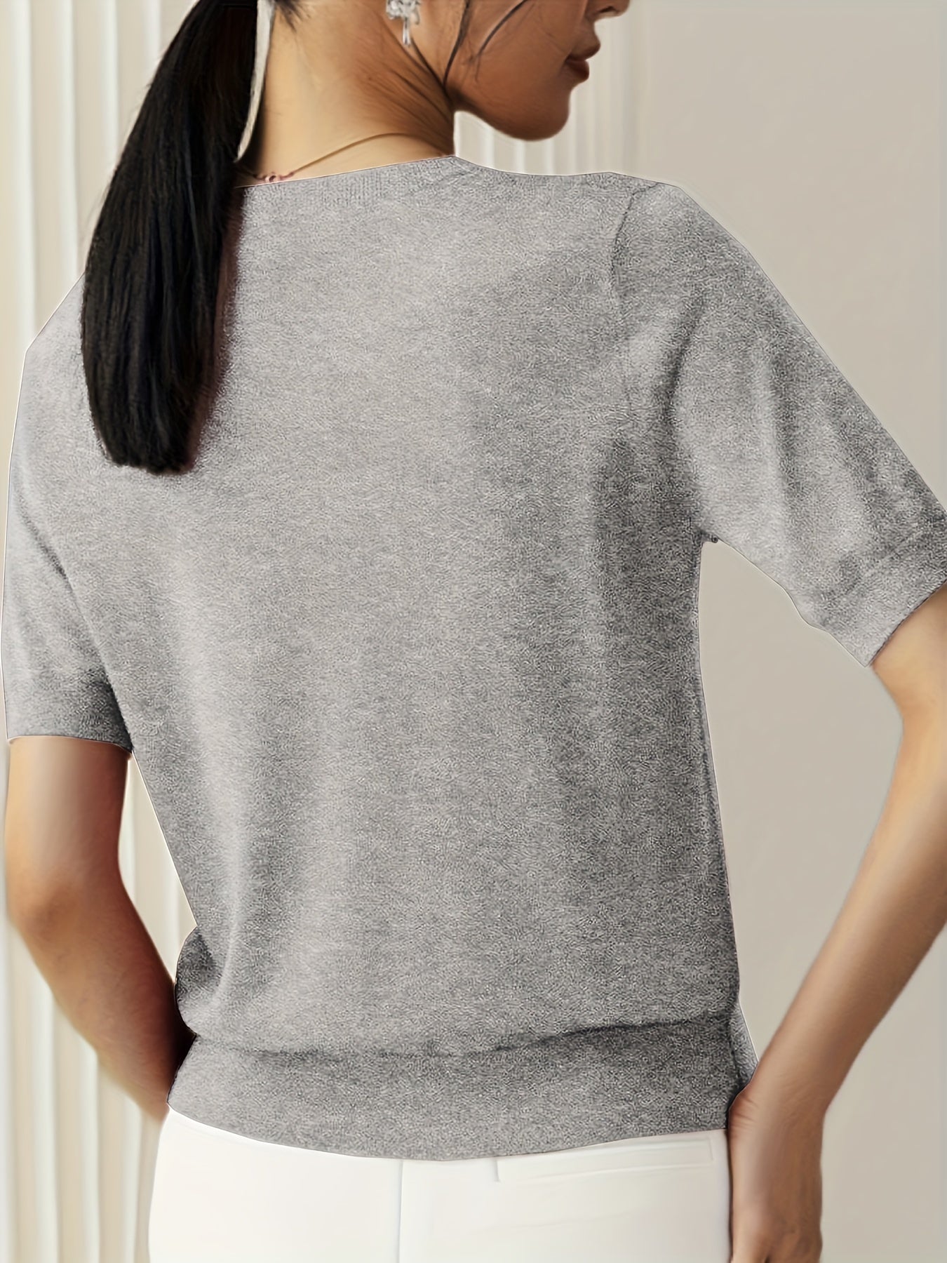 Camiseta de Punto para Mujer de Manga Corta Cuello Redondo Ajuste Entallado