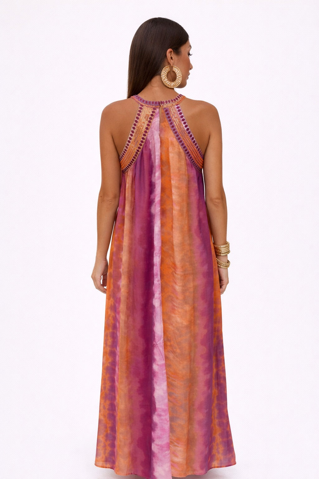 Vestido de Gasa Estilo Boho con Lentejuelas y Cuello Halter para Mujer