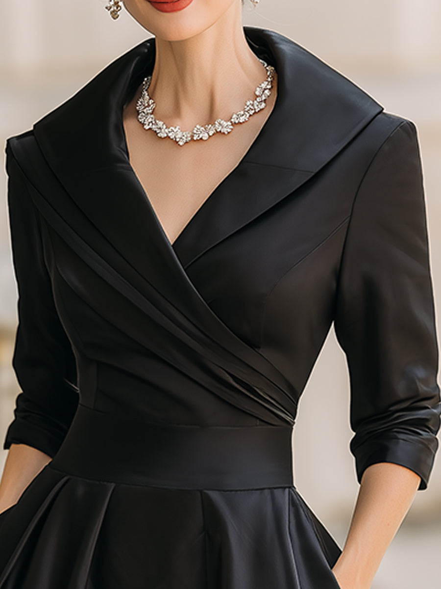 Vestido Largo de Poliéster con Cuello de Solapa y Cintura Cruzada para Mujer