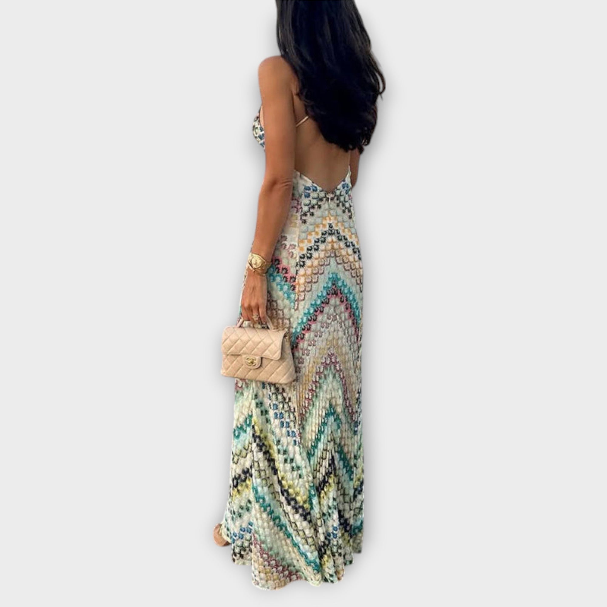 Vestido Largo de Punto con Estampado de Zigzag y Escote en V Profundo