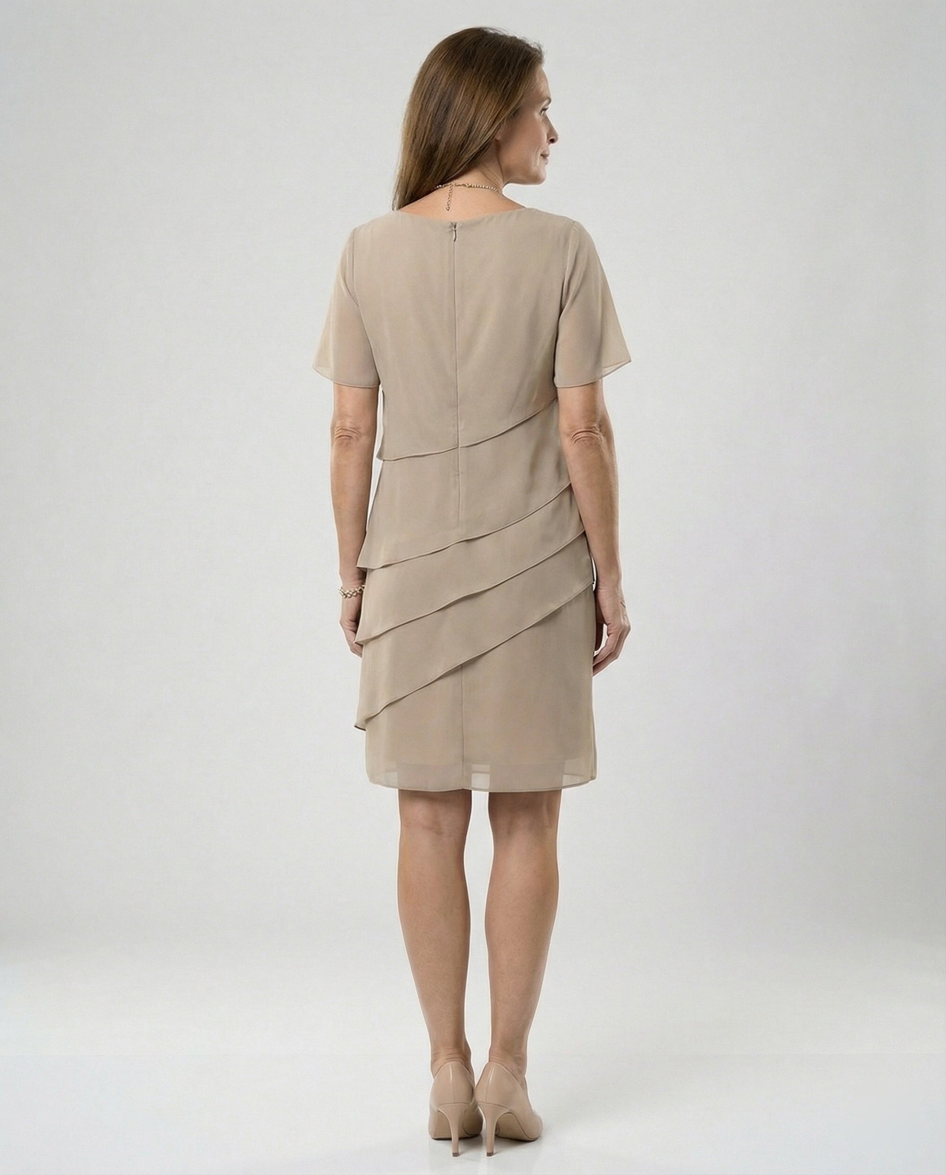 Layered Cut Chiffon Dress with Round Neck and Short Sleeves for Women