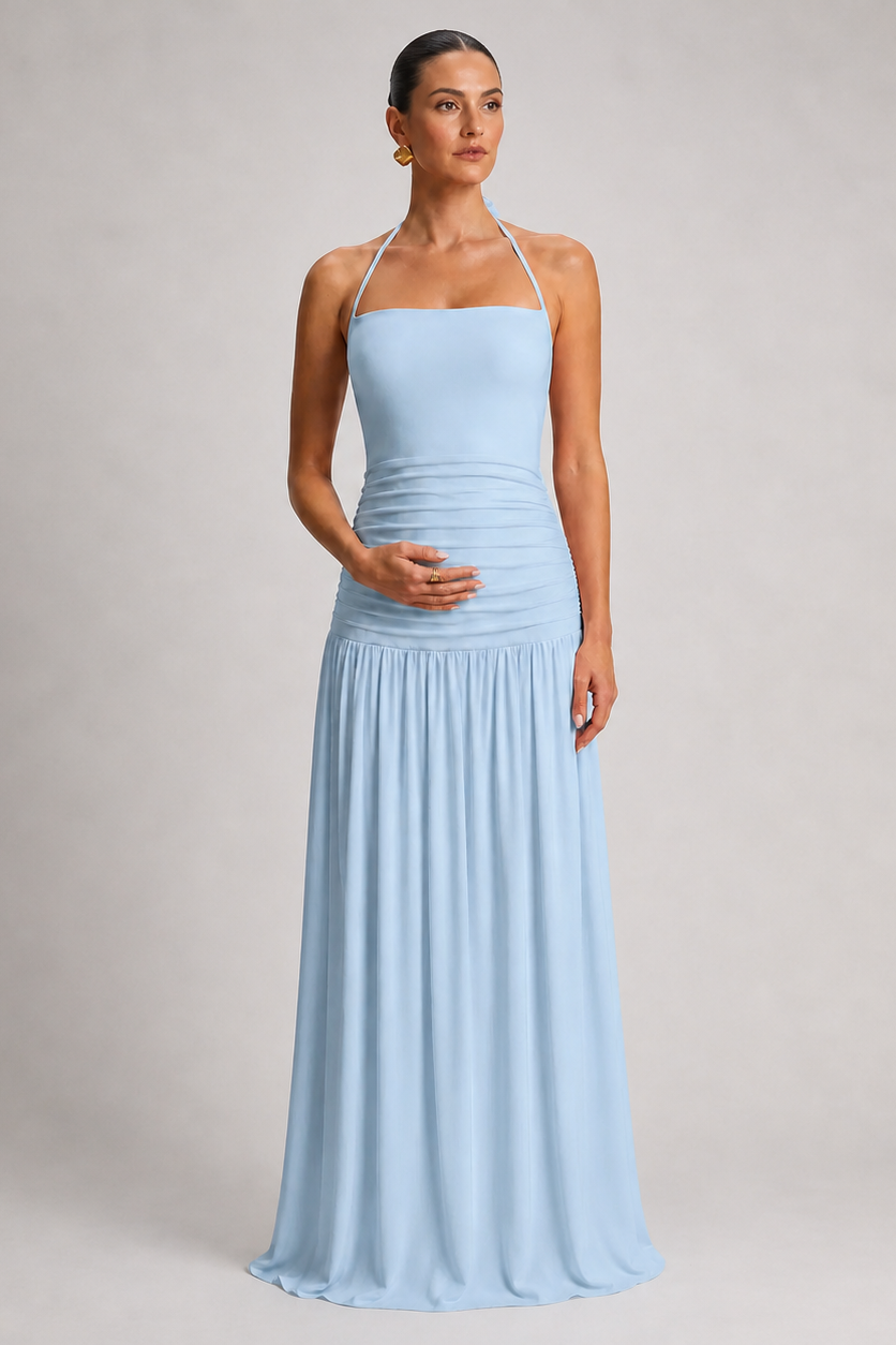 Rochie lungă de maternitate cu gât halter plisată