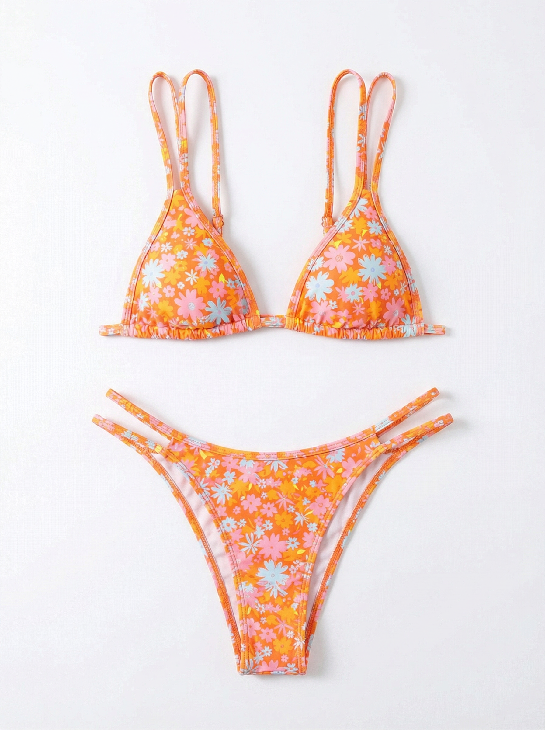 Bikini Estampado de Flores con Tirantes Dobles y Top de Triángulo para Mujer