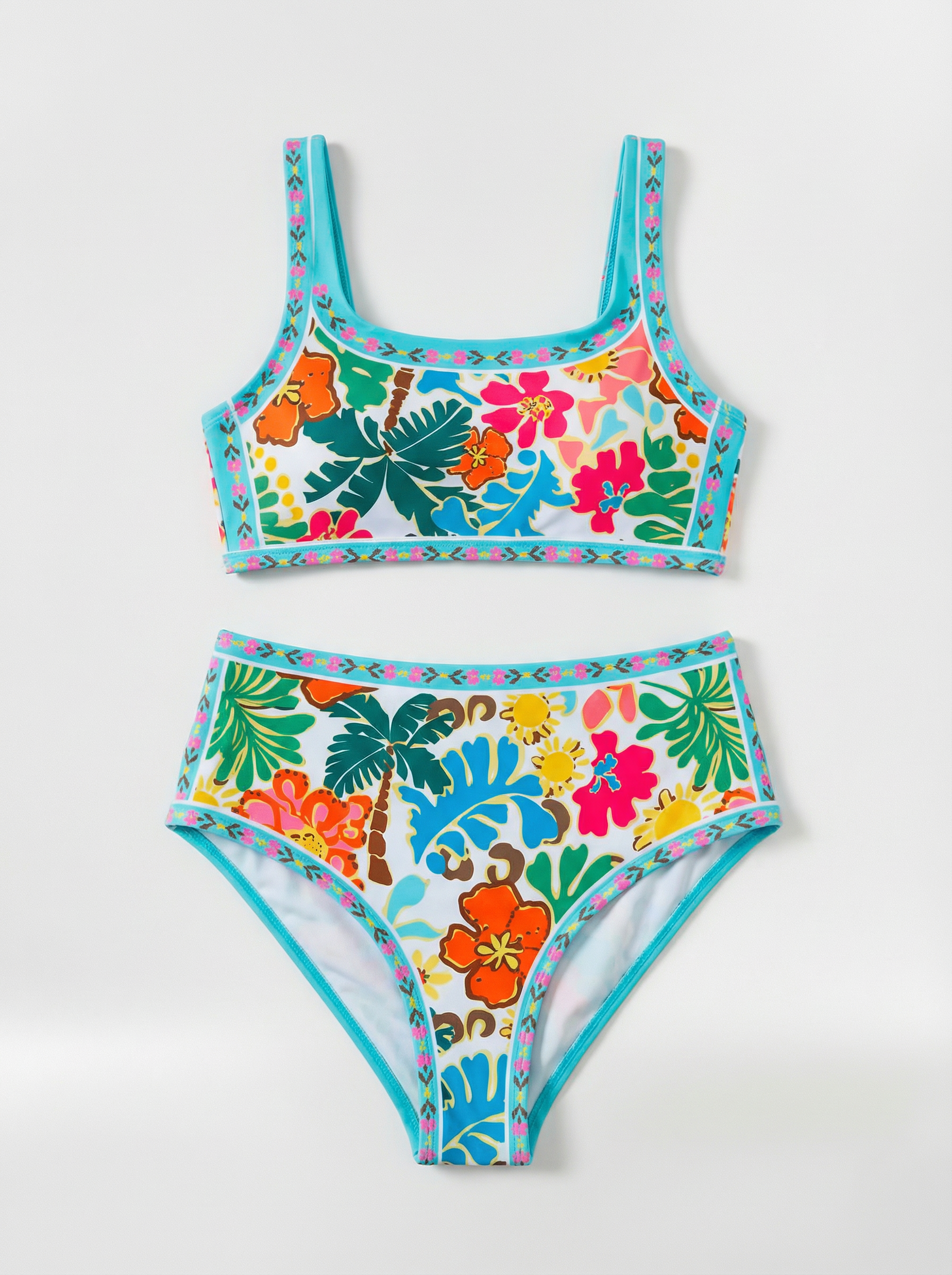 Bañador de Dos Piezas de Talle Alto con Estampado de Flores y Escote Cuadrado