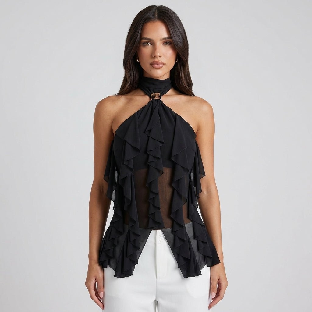 Top halter mujer con volantes | blusa sin mangas para eventos
