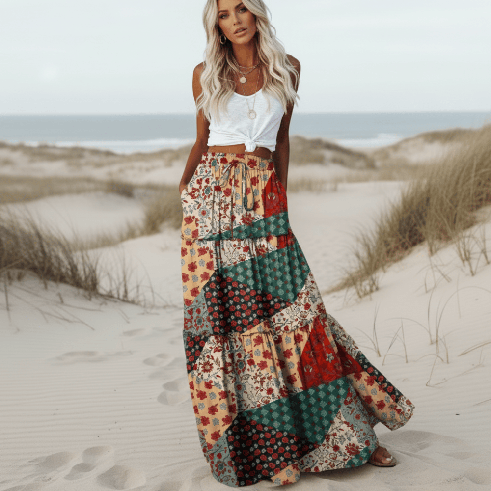 Falda maxi de algodón con estampado floral y patchwork — playa