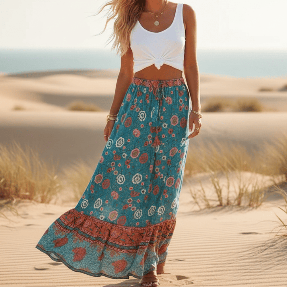 Falda maxi de algodón con estampado floral y cintura con cordón — playa