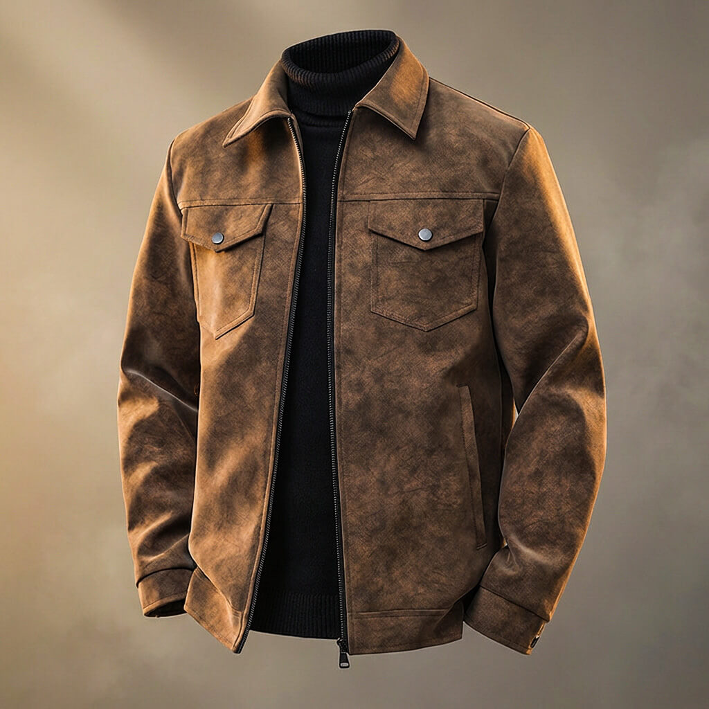 Chaqueta de Cuero para Hombre con Silueta Retro y Diseño de Varios Bolsillos