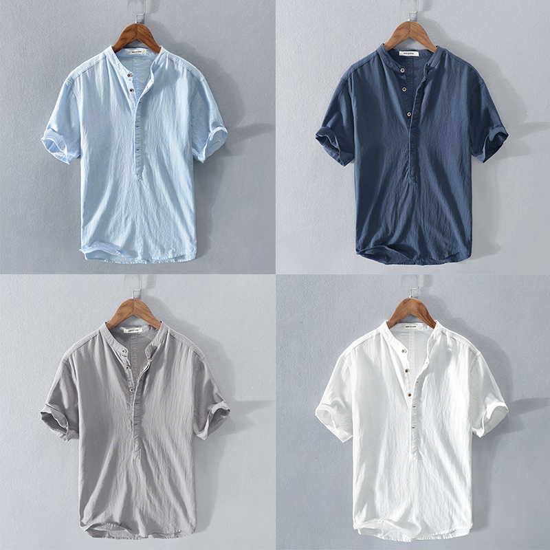 Camiseta de Lino y Algodón para Hombre de Manga Corta con Cuello Henley de Botones