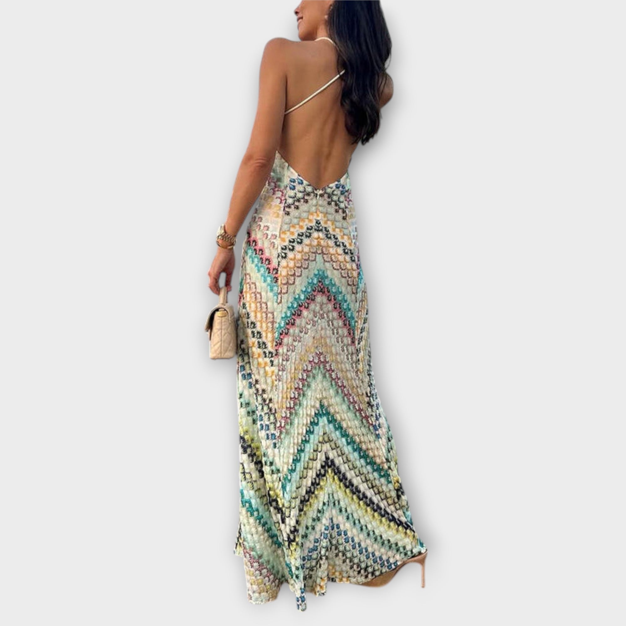 Vestido Largo de Punto con Estampado de Zigzag y Escote en V Profundo