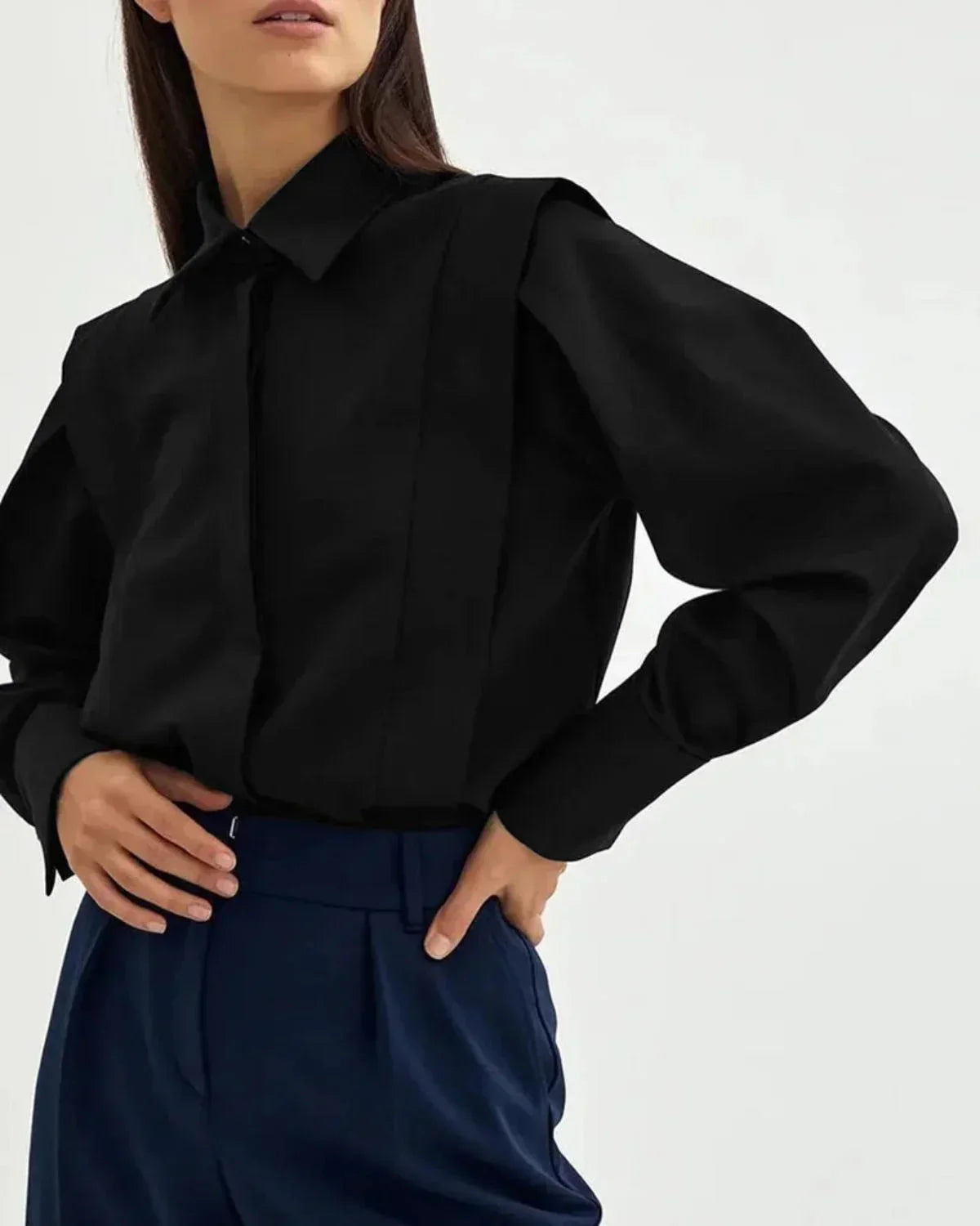 Blusa de Manga Larga para Mujer con Cuello de Solapa y Puños Ajustables