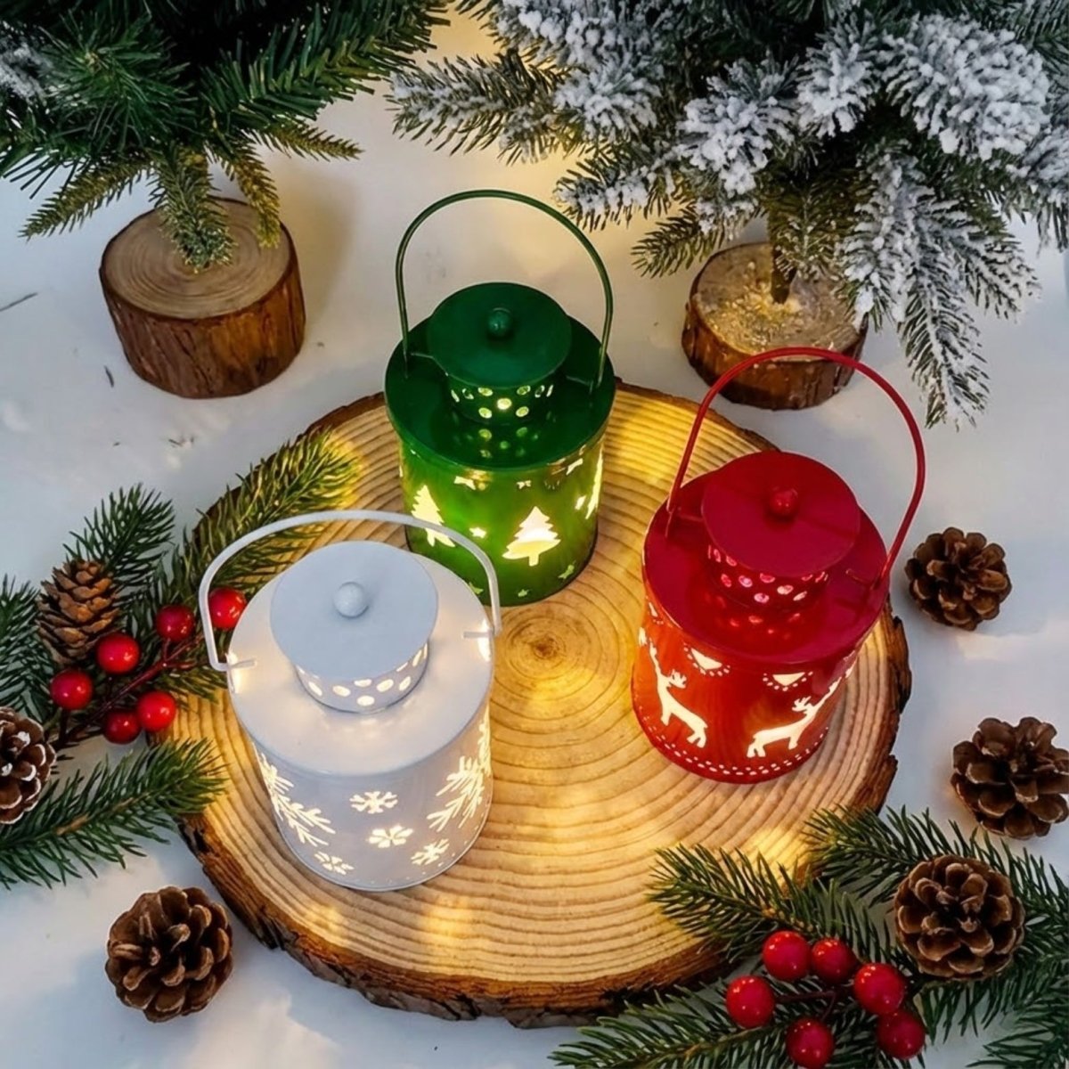 Set de 3 Faroles Decorativos de Metal con Luz LED sin Llama para Interior