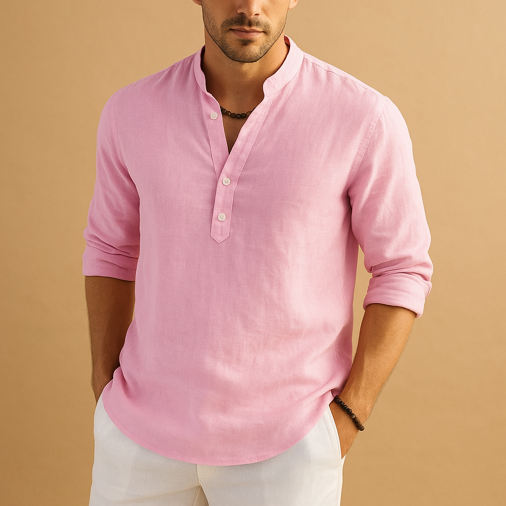 Linen Shirt with Mao Collar and Long Sleeves