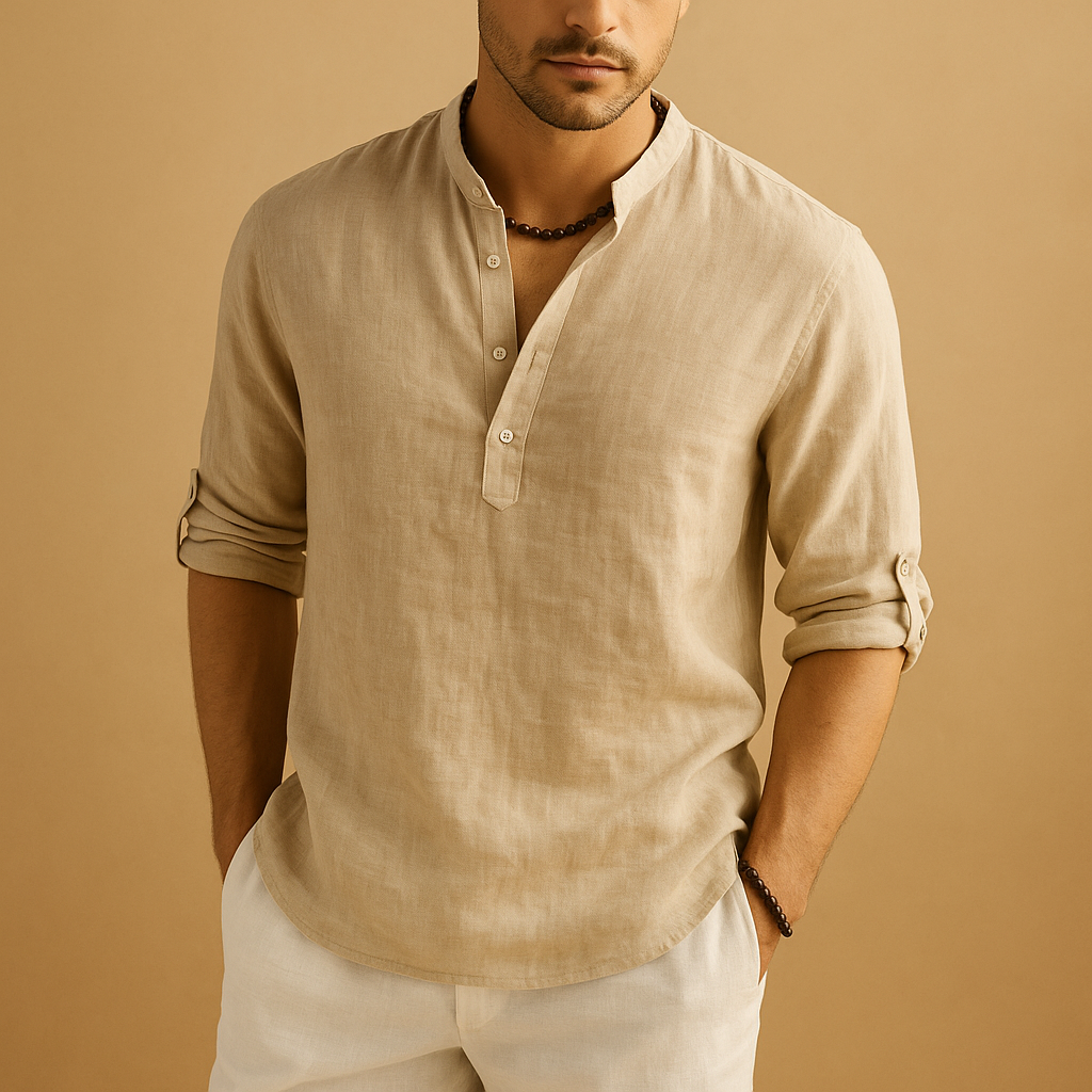 Camisa de Lino con Cuello Mao y Manga Larga