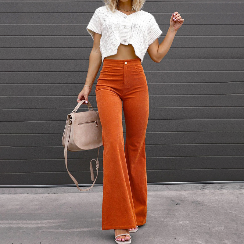 Pantalón de Pana Acampanado para Mujer con Cintura Alta y Botón