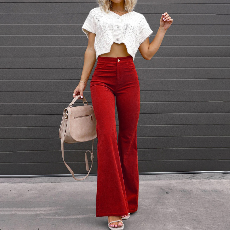 Pantalón de Pana Acampanado para Mujer con Cintura Alta y Botón