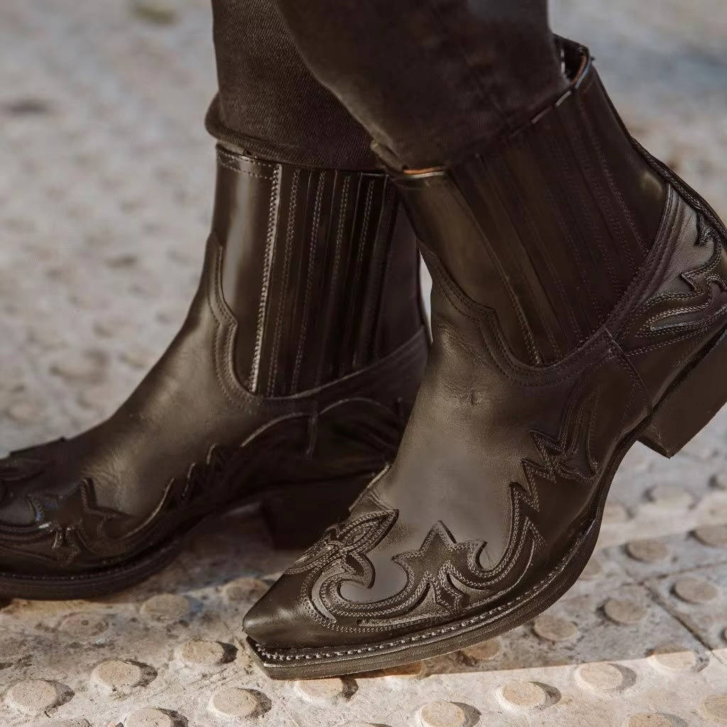 Botas Vaqueras de Mujer Botines Estilo Cowboy con Bordado y Punta Fina de Cuero PU