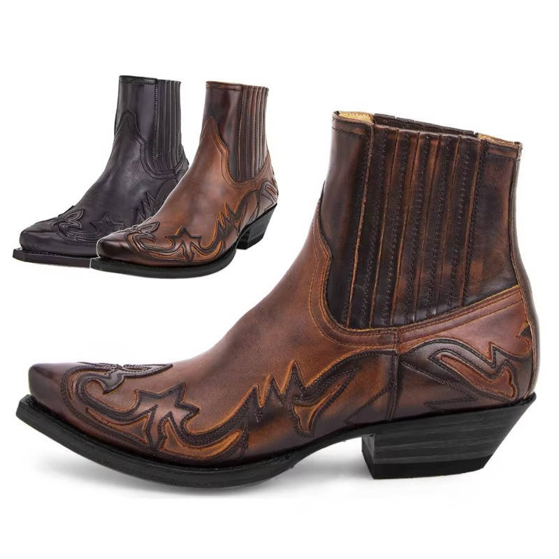 Botas Vaqueras de Mujer Botines Estilo Cowboy con Bordado y Punta Fina de Cuero PU