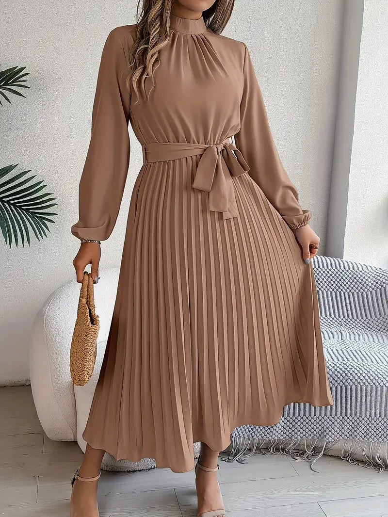Vestido Largo Plisado de Manga Larga con Cuello Alto y Cinturón para Mujer