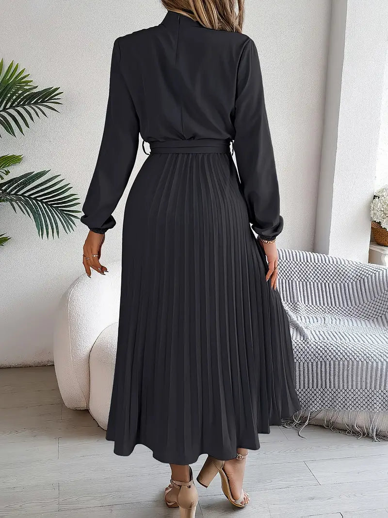 Vestido Largo Plisado de Manga Larga con Cuello Alto y Cinturón para Mujer