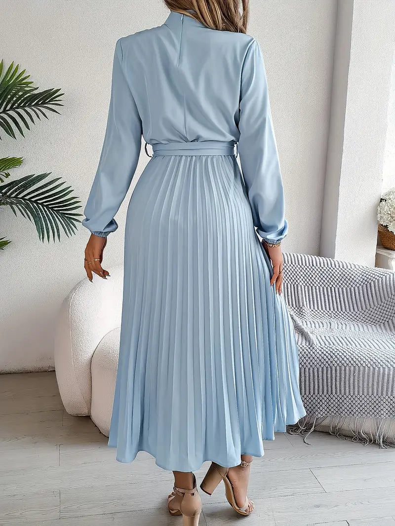 Vestido Largo Plisado de Manga Larga con Cuello Alto y Cinturón para Mujer